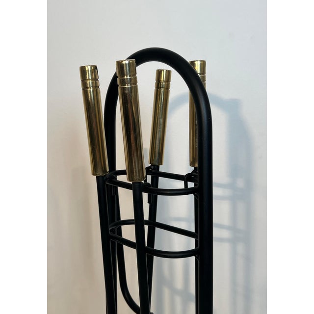 Fireplace tools on stand in black lacquered metal and brass Design/One For Sale - Image 4 of 12