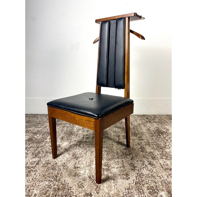 Mid Century Modern Men’s Valet Chair in Black Naugahyde and Oak by the