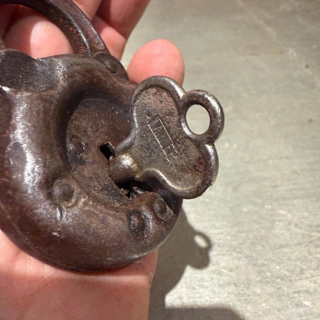 Brown Antique "Pancake" Style Lever Padlock, Edwards 6-Lever Padlock For Sale - Image 8 of 8