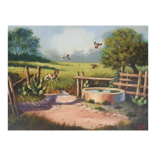 Vintage Hunting Dog Quail Old Ranch Landscape Painting For Sale