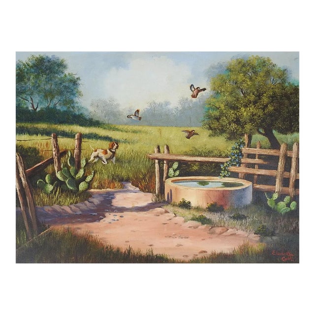 Vintage Hunting Dog Quail Old Ranch Landscape Painting For Sale