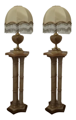 Italian Marble Column Lamp Set, 1950s, Set of 2
