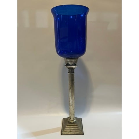 Hollywood Regency Blue Glass Column Tall Hurricane For Sale - Image 3 of 11