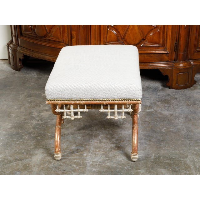English Chinese Chippendale Style Faux Bamboo Stool with New Upholstery For Sale - Image 4 of 12