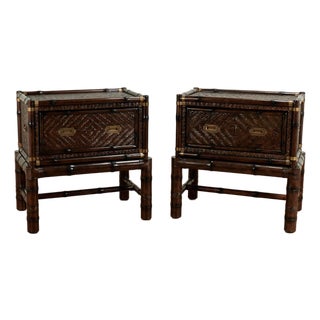 Pair of Vintage Faux Bamboo and Grasscloth British Colonial Style Stands For Sale