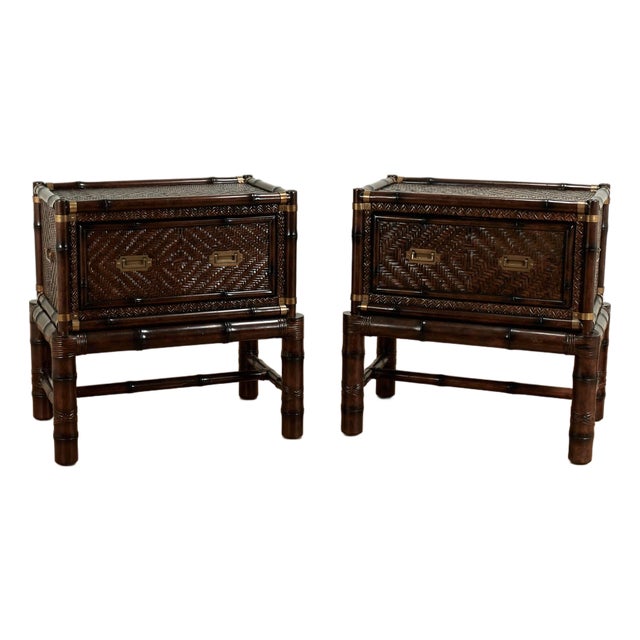 Pair of Vintage Faux Bamboo and Grasscloth British Colonial Style Stands For Sale
