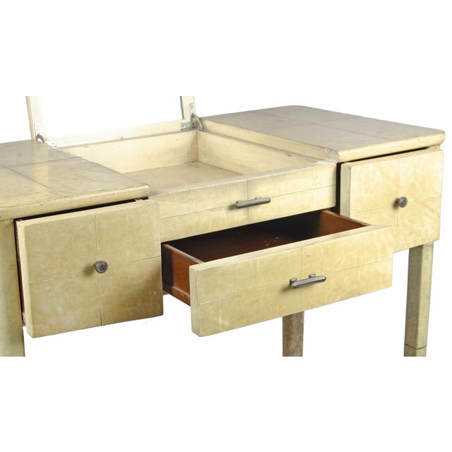 1930s Scandinavian Modern Parchment-Covered Wood Convertible Vanity Table/Poudreuse With Lift-Top Mirror by Nordiska Kompaniet, Sweden For Sale - Image 9 of 11