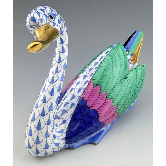 Herend Vintage MCM Herend Swan Blue Fishnet Bird Figurine For Sale - Image 4 of 5