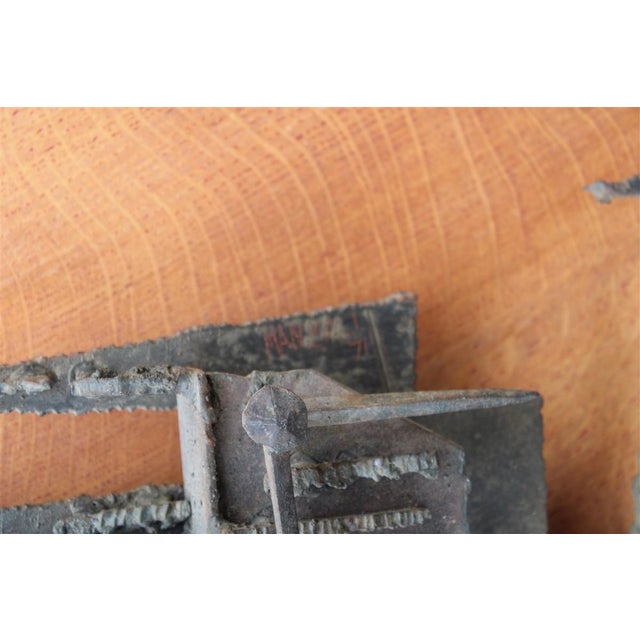 1970s Manzali, Brutalist Wall Sculpture, 1971, Iron on Beech Panel For Sale - Image 5 of 10