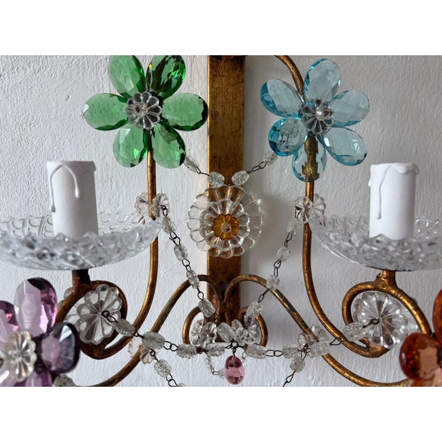 Blue Maison Baguès Style Multicolor Prisms Murano Drops Crystal Flowers Sconces C1930 For Sale - Image 8 of 14