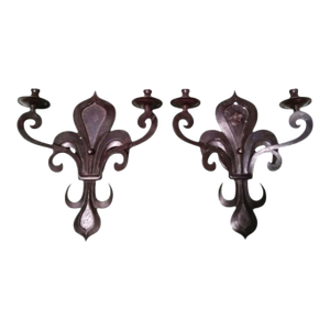 Vintage Italian Fleur De Lis Cast Iron Double Arm Wall Sconce Light Fixture- A Pair