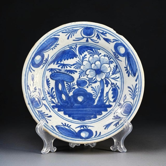 Antique Dutch Delft Blue and White Faience Plate, 1700s For Sale - Image 11 of 11