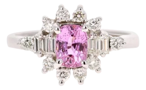 1.66 Carat Pink Sapphire Diamond White Gold Engagement Ring, Size 7