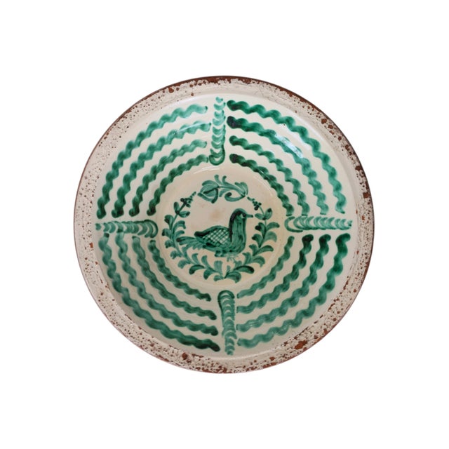 Ceramic Spanish Ceramic Bowl with Green Bird Motif and Glazed Inside, 1980s For Sale - Image 7 of 7