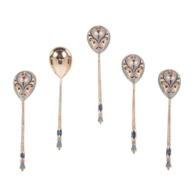 Antique Set Imperial Russian Silver Gilt Cloisonne Spoons Feodosii Pekin Moscow - 5 Pieces For Sale In Portland, OR - Image 6 of 11