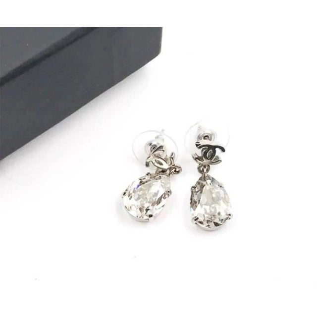Contemporary Chanel Silver CC Tear Drop Crystal Shiny Piercing Earrings, A Pair For Sale - Image 3 of 4