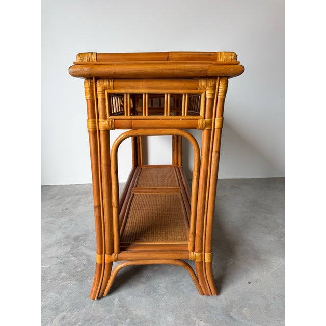 Vintage Coastal Rattan & Leather Two-Tier Console Table/ Sold For Sale In Miami - Image 6 of 12