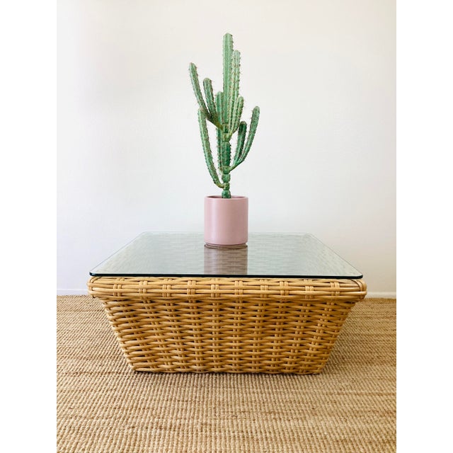 Postmodern Vintage 1980s Woven Rattan / Reed Square Coffee Table McGuire Style For Sale - Image 3 of 11