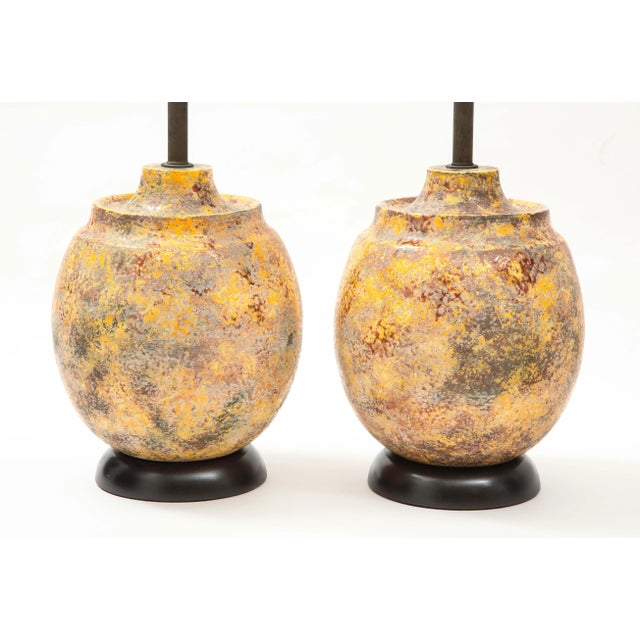 Large Italian Ceramic Lamps with a "Scavo" Glazed Finish - A Pair For Sale - Image 4 of 10