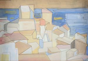 Pär Nordlander, Abstract Cityscape by the Sea, Mixed Media on Paper