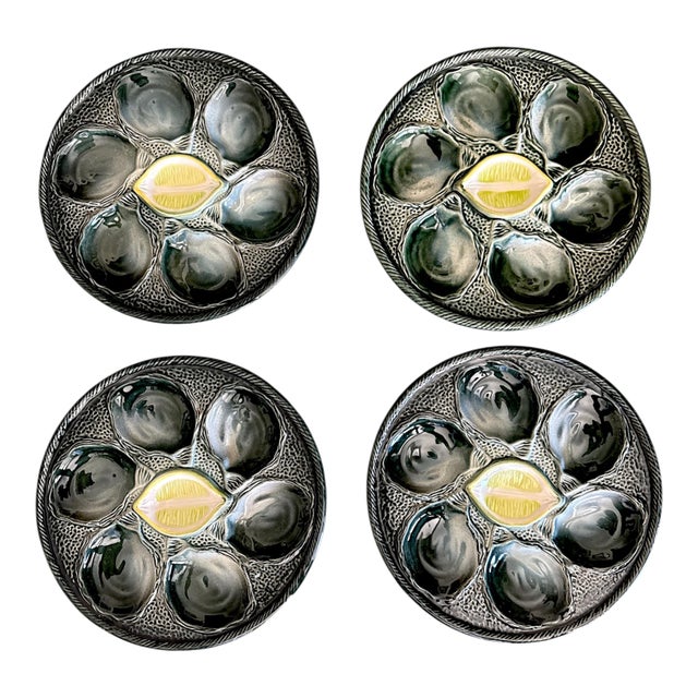 Vintage French Saint-Clément Majolica Oyster Plates – Set of 4 For Sale