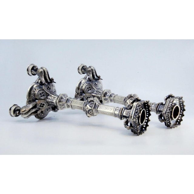 Metal Silver Candlesticks with Applications For Sale - Image 7 of 10