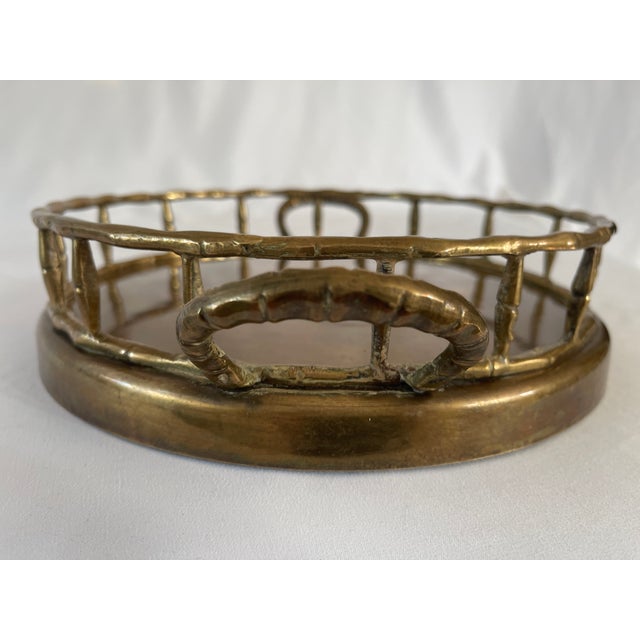 1970s Hollywood Regency Brass Faux Bamboo Rail Round Serving Tray For Sale - Image 9 of 10