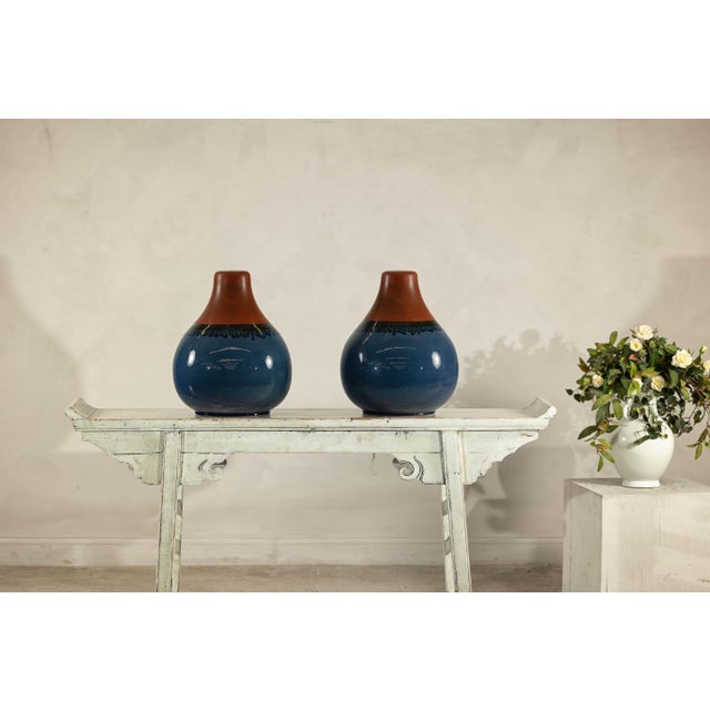 Late 20th Century Pair of Artisan Ceramic Vases in Midnight Blue, Pre-Drilled for Lamp Conversion For Sale - Image 5 of 12