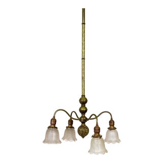 Victorian Brass Chandelier With Floral Ball & Bellflower Glass Shades For Sale