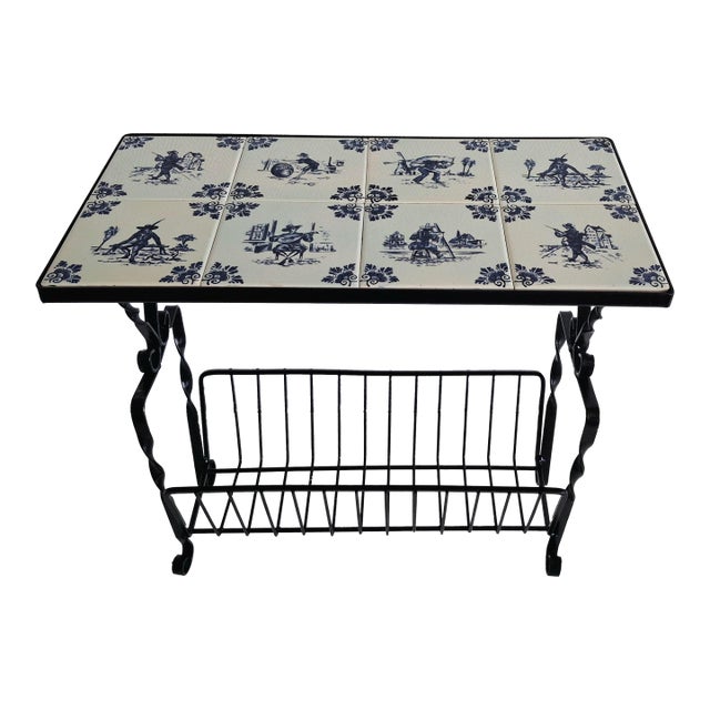 Dutch Delft Tile Magazine Rack, Vintage Wrought Iron & Ceramic Tile Table, 1950s For Sale