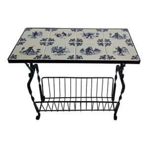 Dutch Delft Tile Magazine Rack, Vintage Wrought Iron & Ceramic Tile Table, 1950s