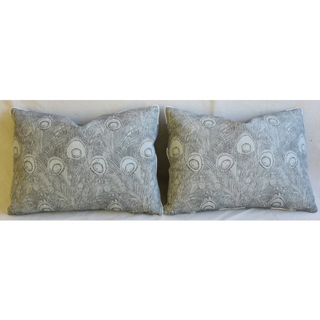 Designer Peacock Feather Linen Feather/Down Pillows 22" X 16" - Pair For Sale In Los Angeles - Image 6 of 13