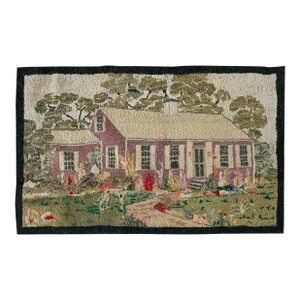 Special Ivory Background With Black Border Figurative Pattern Pictorial Design Vintage American Hooked Rug