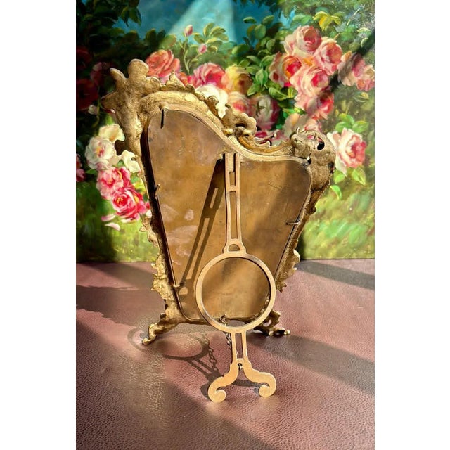 Antique Italian Rococo-Style Table Mirror With Gilded Metal Frame, Featuring Putti (Cherubs) Decor and Floral Painting For Sale - Image 4 of 13