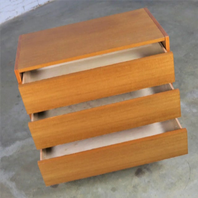 Brown Scandinavian Modern Teak 3 Drawer Small Vintage Chest Marked Made in Denmark For Sale - Image 8 of 12