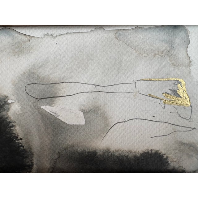 Lovely monochrome abstract watercolor in blacks and grays with graphite markings and gold accents. On heavy ivory cotton...