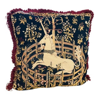 1990s Boho Rennaisance Style Unicorn Tapestry Pillow For Sale