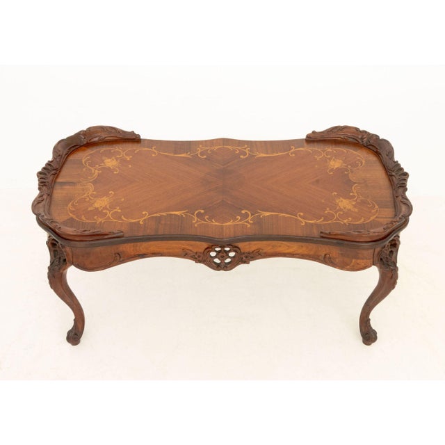 Rococo Style Marquetry Inlaid Walnut Coffee Table For Sale - Image 4 of 7