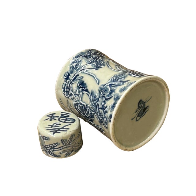 Cream Celadon Porcelain Blue Flower Gold Fishes Cylindrical Container For Sale - Image 9 of 10