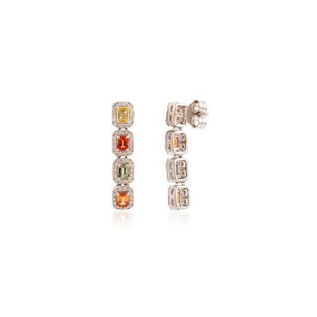 Art Deco Multi Sapphire Drop Earrings in Halo Diamond Jewelry for Girlfriend- A Pair For Sale - Image 3 of 9