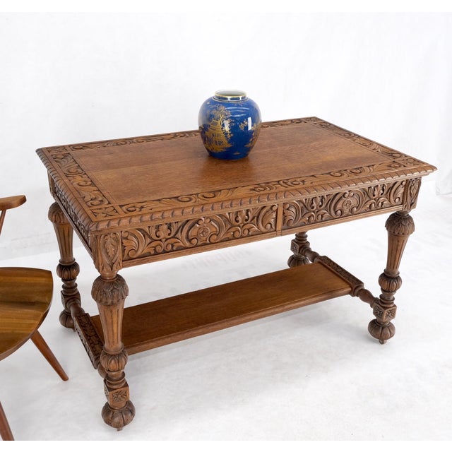 Heavily Fine Carved Oak Small Partners Desk Console Writing Table Mint For Sale - Image 9 of 18