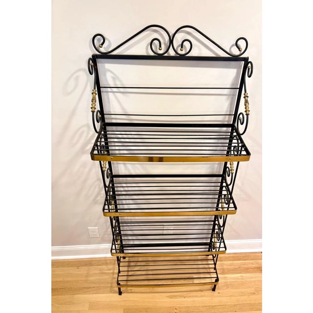 French Vintage French Style Four Tier Scrolled Wrought Iron & Brass Baker's Rack For Sale - Image 3 of 10