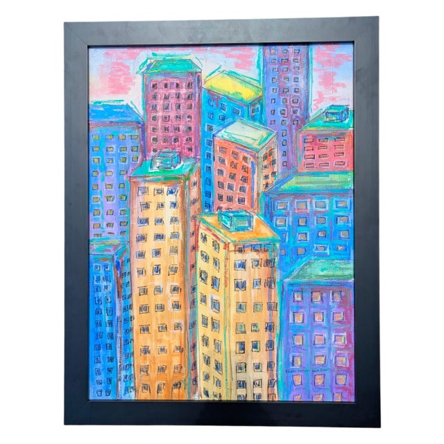 2000 - 2009 Original Cityscape Skyline Oil Pastel Art Framed For Sale - Image 5 of 12