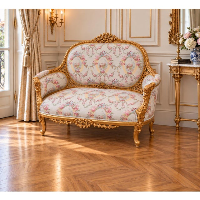 1970 French Artisan Louis XVI Gold Damask Settee For Sale - Image 11 of 13