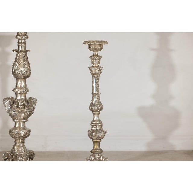 Baroque Revival Silver-Plated Bronze Candlesticks with Cherub Decoration - A Pair For Sale In New York - Image 6 of 18