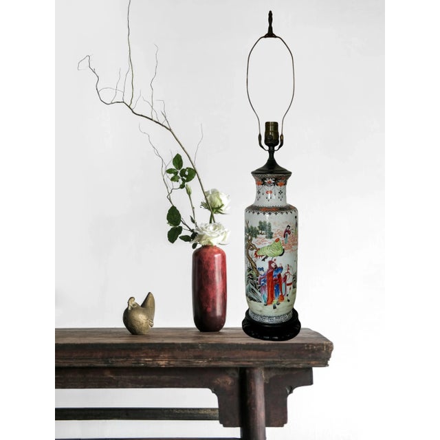 The Heavenly Musicians, Antique Chinese Republic Period Famille Rose Porcelain Table Lamp For Sale - Image 10 of 13