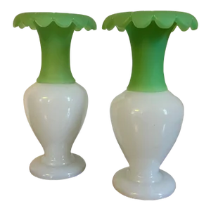 Antique 19th C. French Opaline Apple Green & White Glass Vases - a Pair