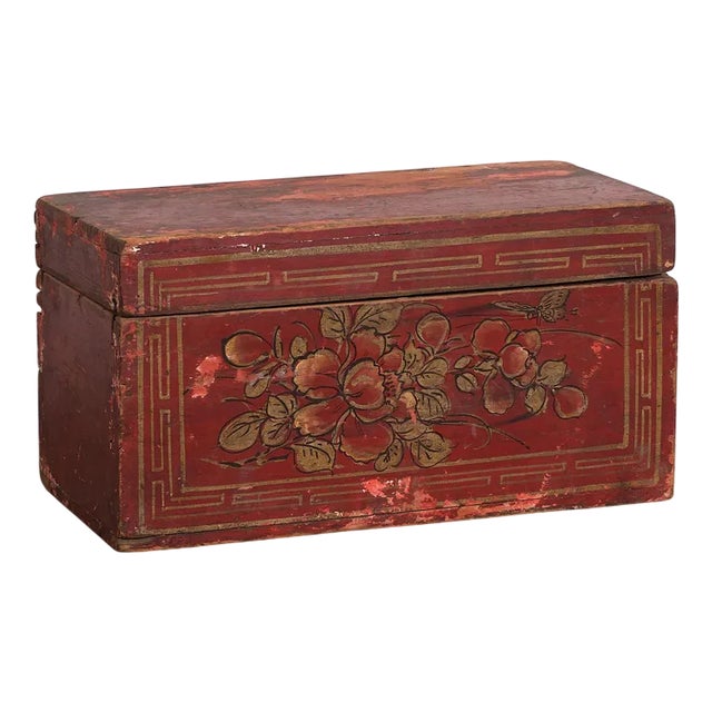 Antique Chinese Box with Hand-Painted Floral Motifs, 1900s For Sale