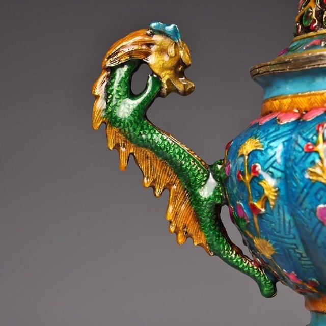 Metal Late 20th Century Cloisonné Enamel Censer With Dragon Handles and Floral Motifs For Sale - Image 7 of 9