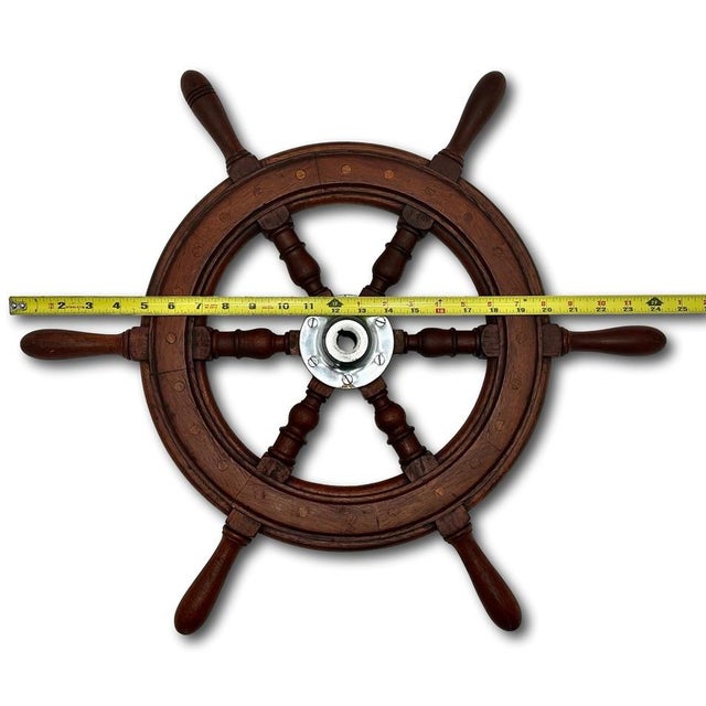 Mid 20th Century Fine Vintage Hand Made Large 25 Inch Authentic Mahogany & Rhodium Plated Brass Yacht - Ships Wheel - Mid 1900s For Sale - Image 5 of 18